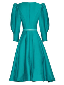 Delfina V-Neck Puff Sleeve Belt High Street Solid Short Dress