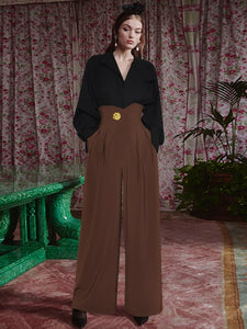 Poppy -Neck Single Breasted Loose Tops + Pockets Wide Leg Pants Casual Two Pieces Set