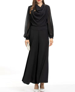 Paula Loose Suit Women Pile Collar Lantern Sleeve Tops + Wide Leg Pants Black Casual Two Piece Set