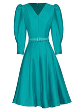 Load image into Gallery viewer, Delfina V-Neck Puff Sleeve Belt High Street Solid Short Dress