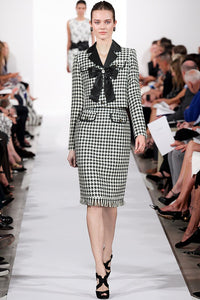 Lois Plaid Tweed Suit Women Crystal Bow Long Sleeve Jacket +Tassel Skirt Two Piece Set