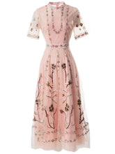 Load image into Gallery viewer, Emerson Mesh Dress Stand Collar Short Sleeve Flower Embroidery Vintage Long Dress