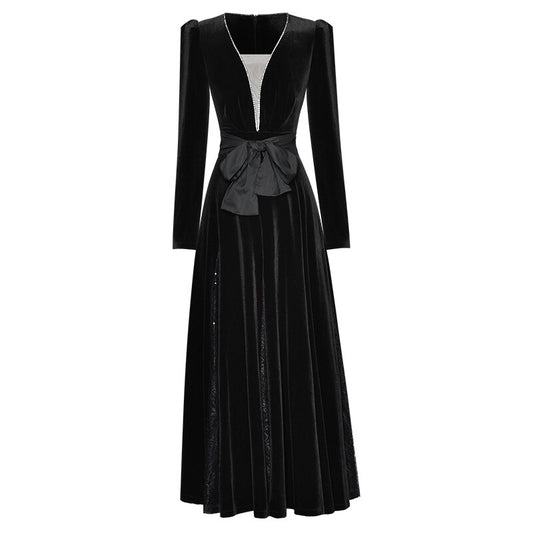 Tatum Herbst Samt Kleid Frauen Diamanten V-ausschnitt Langarm Spitze Patchwork Vintage Party Kleid