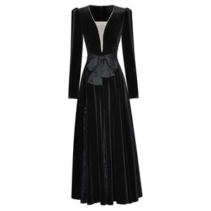 Tatum Autumn Velvet Dress Women Diamonds V-Neck Long Sleeve Lace Patchwork Vintage Party Dress