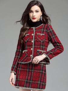 Mariela Tweed Dress Suit Autumn Winter Office Plaid Woolen Jacket with Pencil Skirt Set 2Piece Outfit Red