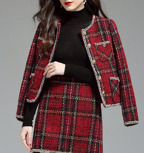 Mariela Tweed Dress Suit Autumn Winter Office Plaid Woolen Jacket with Pencil Skirt Set 2Piece Outfit Red