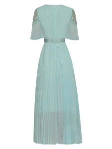 Harper Embroidery Belted Chiffon Solid color Pleated Midi Dress