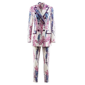 Giorgia  Turn-down Collar Double Breasted Long Jacket + Pencil Pants Flower Print Two Piece Set