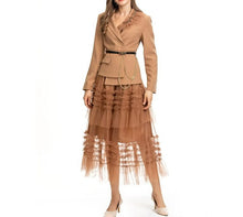 Load image into Gallery viewer, Marcia Coco Long sleeve Sashes Double-breasted Blazer + Mesh Long Skirts 2 Pieces Set