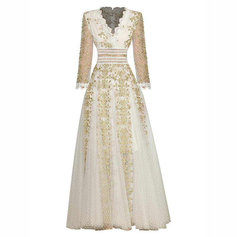 Anna Mesh Dress V-Neck Gold Thread Flowers Embroidery Vintage Party Long Dress