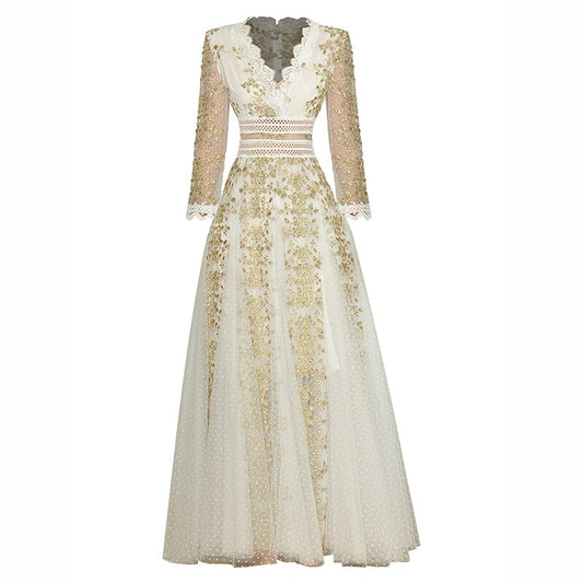 Anna Mesh-Kleid mit V-Ausschnitt, Goldfaden, Blumenstickerei, Vintage-Party-langes Kleid