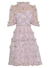 Load image into Gallery viewer, Leonara Stand Collar Ruffle Short Sleeve Mesh Flower Embroidery Vintage Party Dress