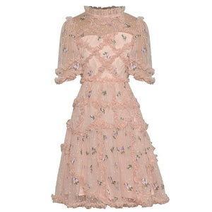 Leonara Stand Collar Ruffle Short Sleeve Mesh Flower Embroidery Vintage Party Dress