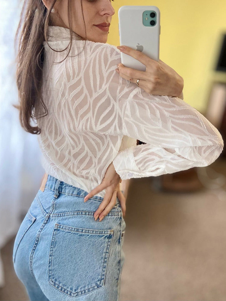 Transparent Chiffon  Single-Breasted White Top