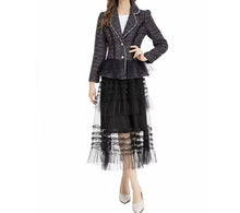 Load image into Gallery viewer, Sierra Office Skirts Set Women Notched Lace Grey Blazer Coat and Balck Mesh Skirts 2 Pieces Suit