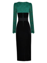 Load image into Gallery viewer, London Lace Velvet Patchwork Crystal Button Dress