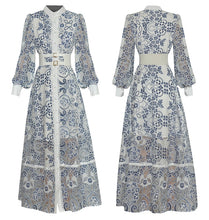 Load image into Gallery viewer, Ottilie Blue Floral Print Single-Breasted Vintage Dress
