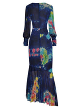 Load image into Gallery viewer, Carter V-neck Lantern sleeve Folds Tie Dye Print Slim Party Mermaid Dress