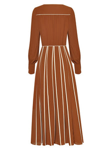 Phoenix V-Neck Long Sleeve Office Lady Contrast Color Pleated Dress