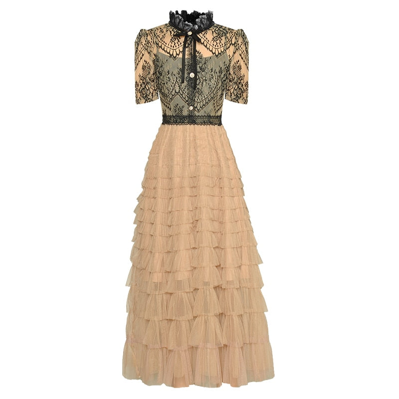 Juliet Stand Collar Short Sleeve Lace Patchwork Ruffles Vintage Dress