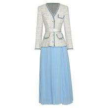 Load image into Gallery viewer, Isabella V-Neck Long Sleeve Belt Plaid Tweed  Patchwork Beading Button Pleated Dress