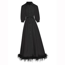 Load image into Gallery viewer, Oaklynn Turn-down Collar Lantern Sleeve Belt Feathers Patchwork Single Breasted Vintage Dress