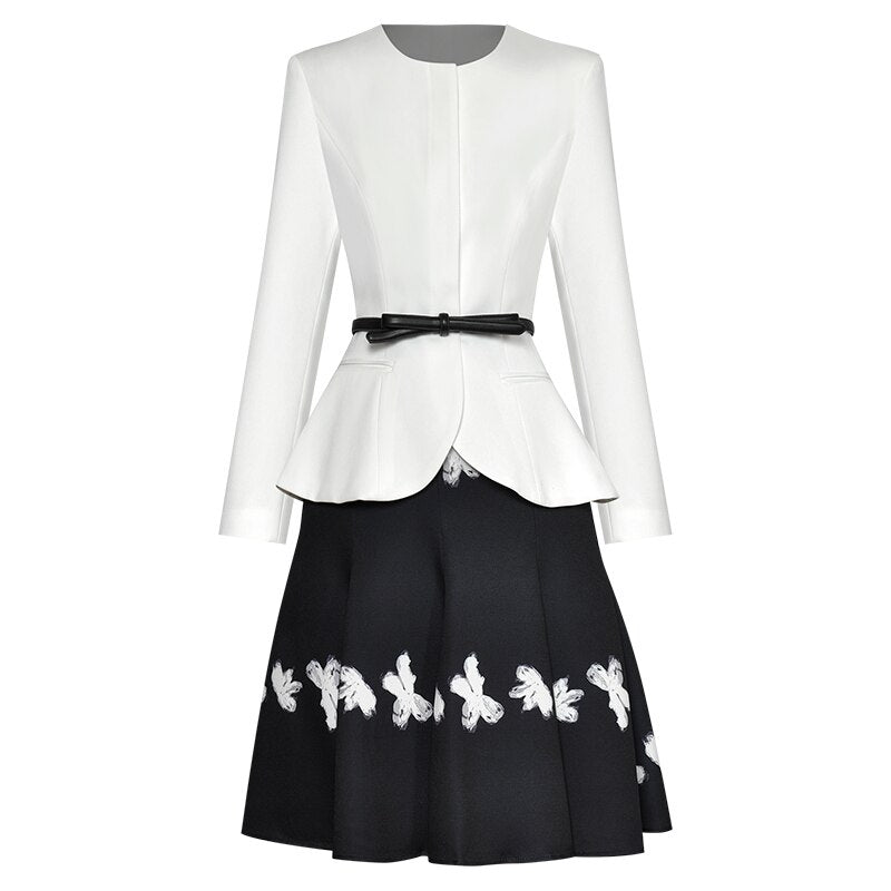 Astrid O-Neck Long Sleeve Belt White Tops + Print Skirt Office Lady Two Piece Set
