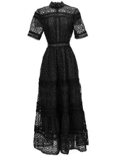 Load image into Gallery viewer, Cassidy Stand Collar Short Sleeve Geometric Hollow Out Vintage Long Dress