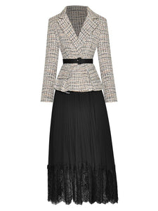 Aria Long Sleeve Plaid Tweed Patchwork Belt  Pleated Lace Hem Dress