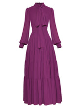 Load image into Gallery viewer, Reese Dress Bow Collar Long Lantern Sleeve Purple Elegant Pleated Party Dress