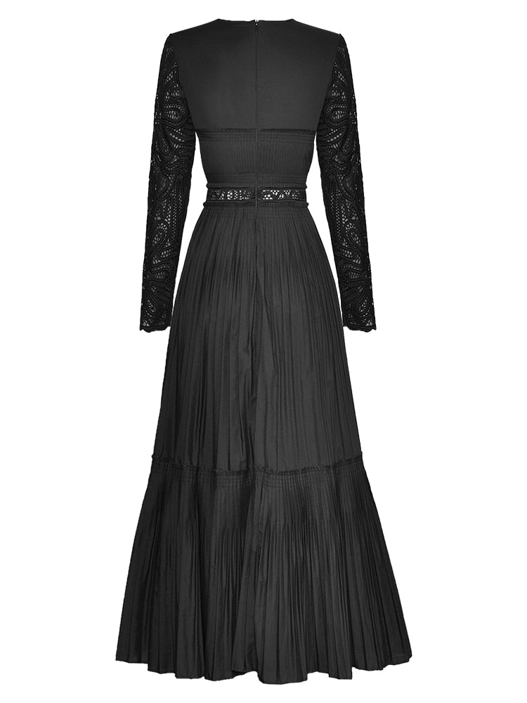 Cordelia O-Neck Long Sleeve Hollow Out Black Elegant Party Pleated Dress