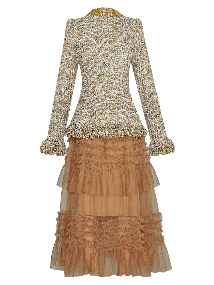 Coco Tassel Plaid Tweed Stand Collar Jacket + Elastic Waist Mesh Skirt Two Piece Set
