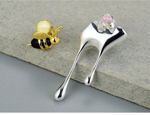 Gold Bee and Dripping Honey Asymmetric Stud 925 Sterling Silver Handmade Fine Jewelry Earrings