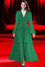 Load image into Gallery viewer, Paola V-Collar Lantern sleeve Hollow Ruffles Casual Green Maxi Dress