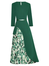 Load image into Gallery viewer, Alivia Square Collar 3/4 Sleeves Belt Pleated Print Splicing Dress