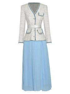 Isabella V-Neck Long Sleeve Belt Plaid Tweed  Patchwork Beading Button Pleated Dress