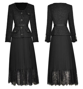 Raimona O-Neck Long Sleeve Beading Button Belt Patchwork Pleasted Solid Dress