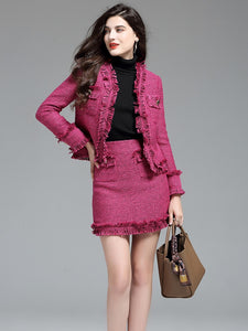 Tassel Tweed Woolen Jacket and Skirt 2 Piece Matching Sets