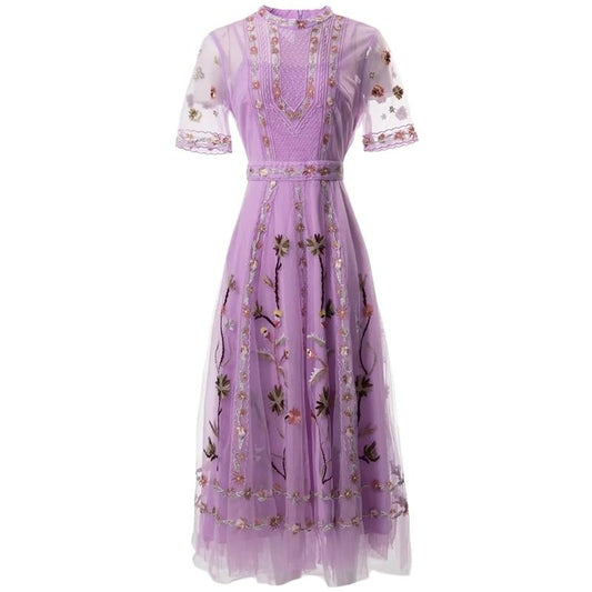 Emerson Mesh-Kleid Stehkragen Kurzarm Blumenstickerei Vintage Langes Kleid