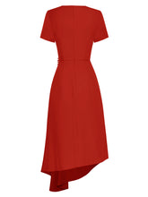Load image into Gallery viewer, Trinity O neck Short sleeves Draped Slim Asymmetrical Red Casual Dress