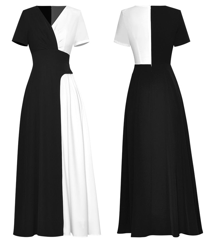 Eileen White Black Patchwork Short Sleeve Casual Dress