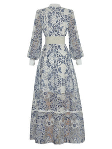 Ottilie Blue Floral Print Single-Breasted Vintage Dress