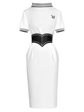 Load image into Gallery viewer, Whitney Embroidered Sashes Office Lady Slim White  Pencil Dress