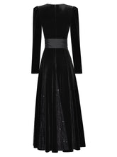 Load image into Gallery viewer, Tatum Autumn Velvet Dress Women Diamonds V-Neck Long Sleeve Lace Patchwork Vintage Party Dress