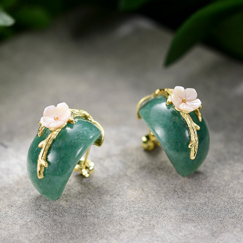 Natural Aventurine  Handmade  Plum Flower Stud Earrings