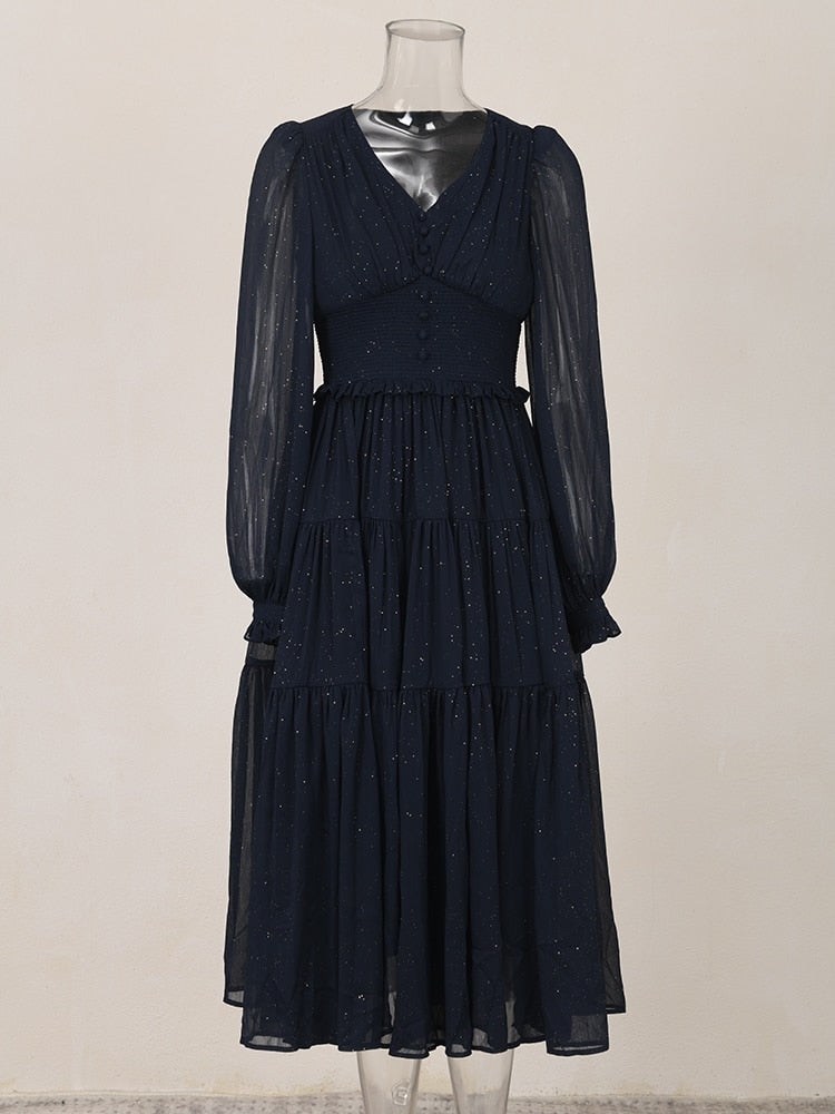 Skyea V Neck Long-Sleeved High Waist Big Swing Designer Dress