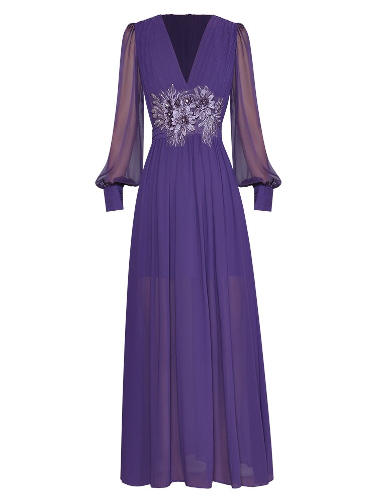 Luz Luxury Diamond Floral Applique Long sleeve Party Dress