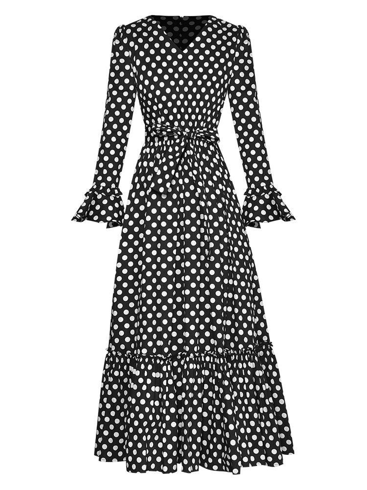 Chiara Elegantes Kleid mit V-Ausschnitt und ausgestellten Ärmeln, schwarzes Tupfenmuster