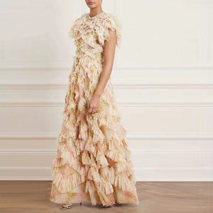 Harmony Ruffle Lace Stitching Printing Irregular O-neck Sleeveless Midi Dress