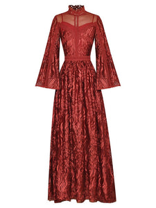 Edda Flare sleeve Embroidery mesh Red Maxi Party Dress